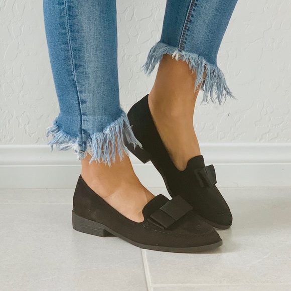 Black Oversized Bow Slip On Boyfriend Loafer Flats - Picture 4 of 8